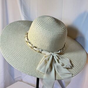 “Cream Wide Brim Sun Hat with Ribbon – Elegant Summer Beach Hat”